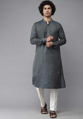 Dark Green Chikankari Embroidered Cotton Kurta For Men