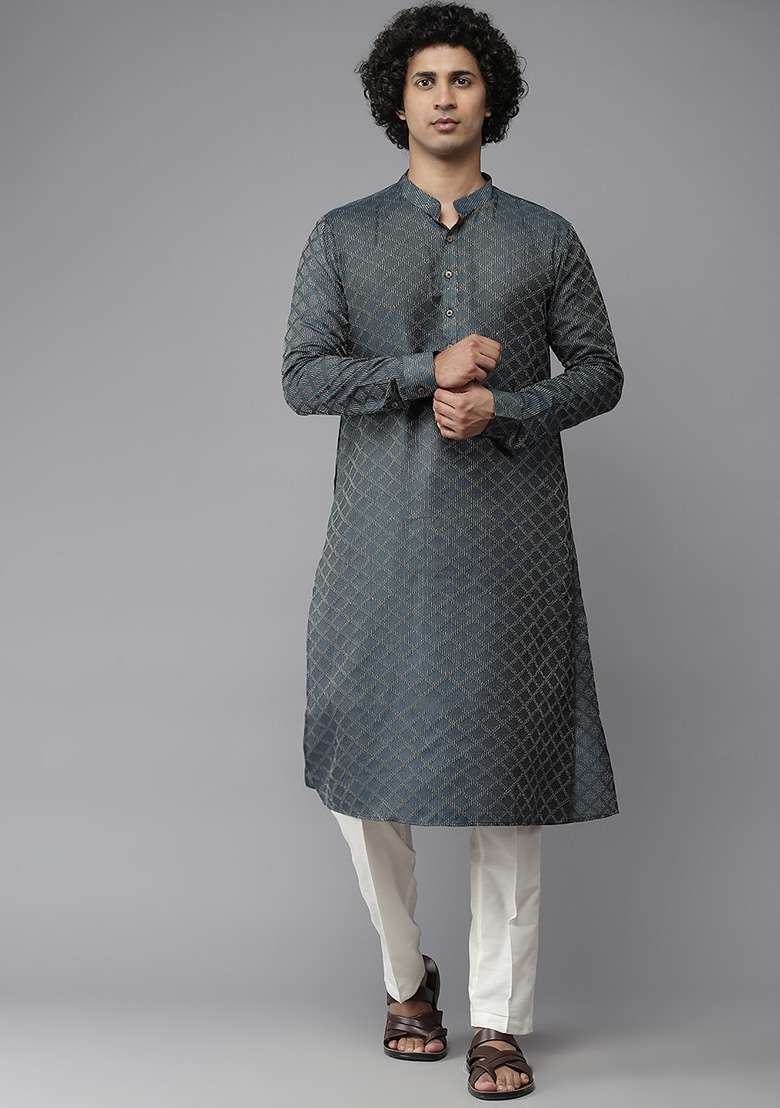 Dark Green Chikankari Embroidered Cotton Kurta For Men - Indya