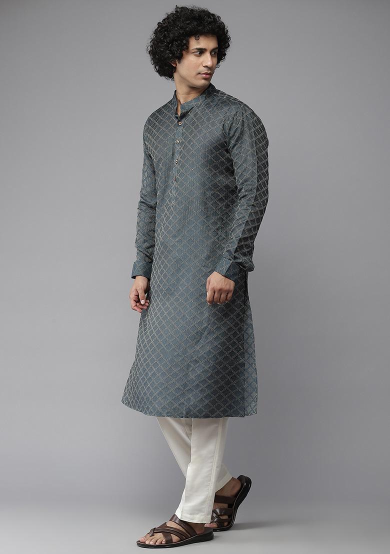 Dark Green Chikankari Embroidered Cotton Kurta For Men