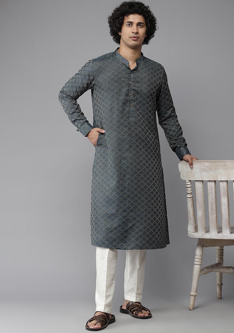 Dark Green Chikankari Embroidered Cotton Kurta For Men