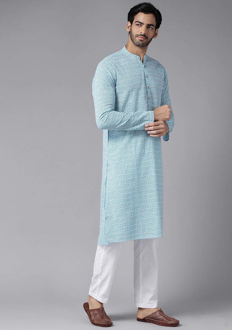 Sky Blue Printed Cotton Straight Kurta For Men