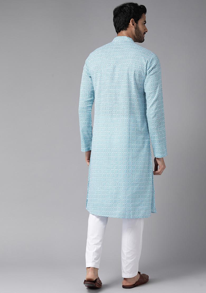 Sky Blue Printed Cotton Straight Kurta For Men