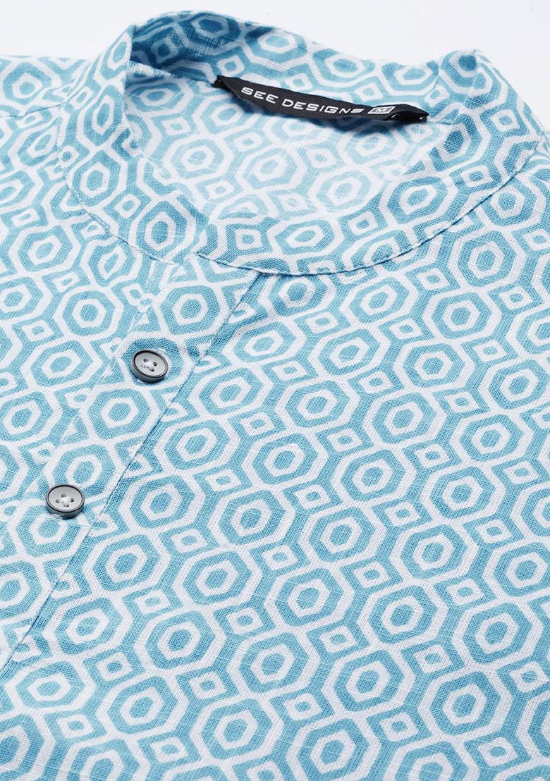 Sky Blue Printed Cotton Straight Kurta For Men