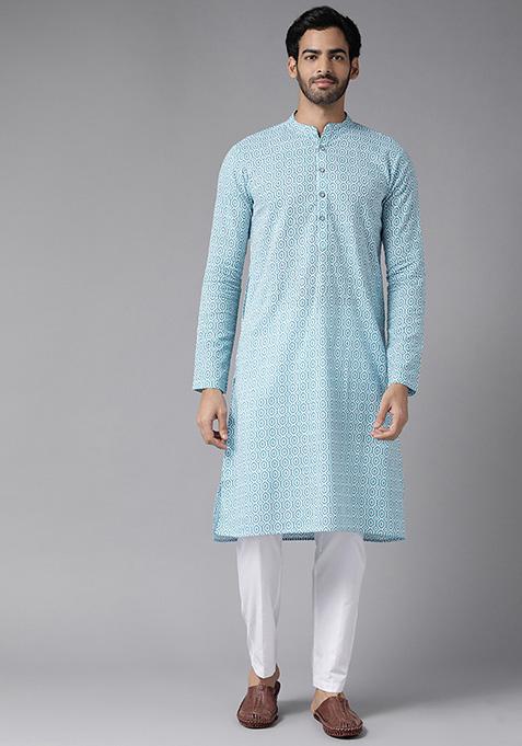 Sky Blue Printed Cotton Straight Kurta For Men