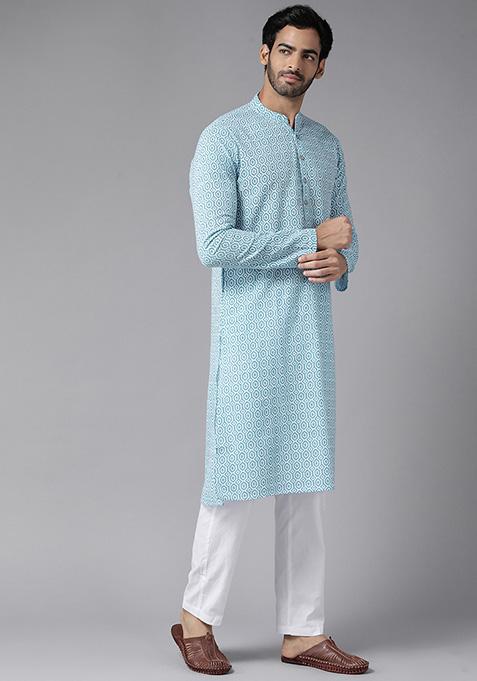 Sky Blue Printed Cotton Straight Kurta For Men
