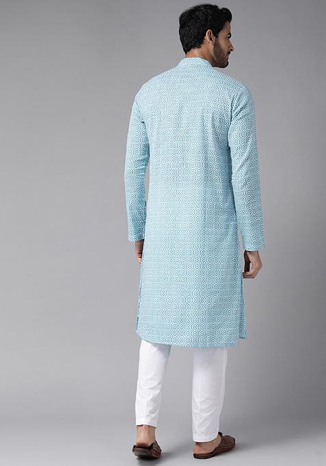 Sky Blue Printed Cotton Straight Kurta For Men