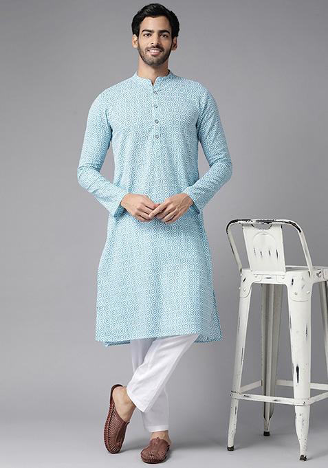 Sky Blue Printed Cotton Straight Kurta For Men