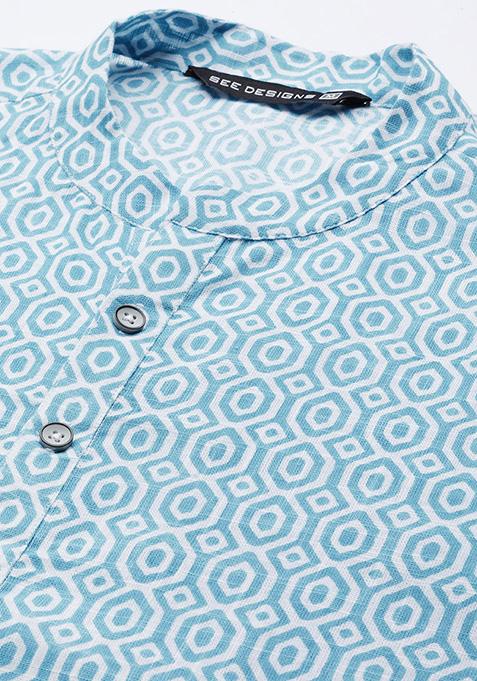 Sky Blue Printed Cotton Straight Kurta For Men