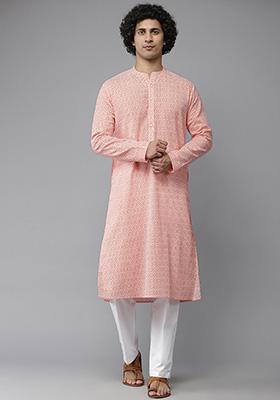 Peach And White Cotton Kurta For Men