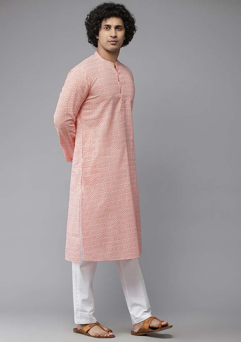 Peach And White Cotton Kurta For Men - Indya