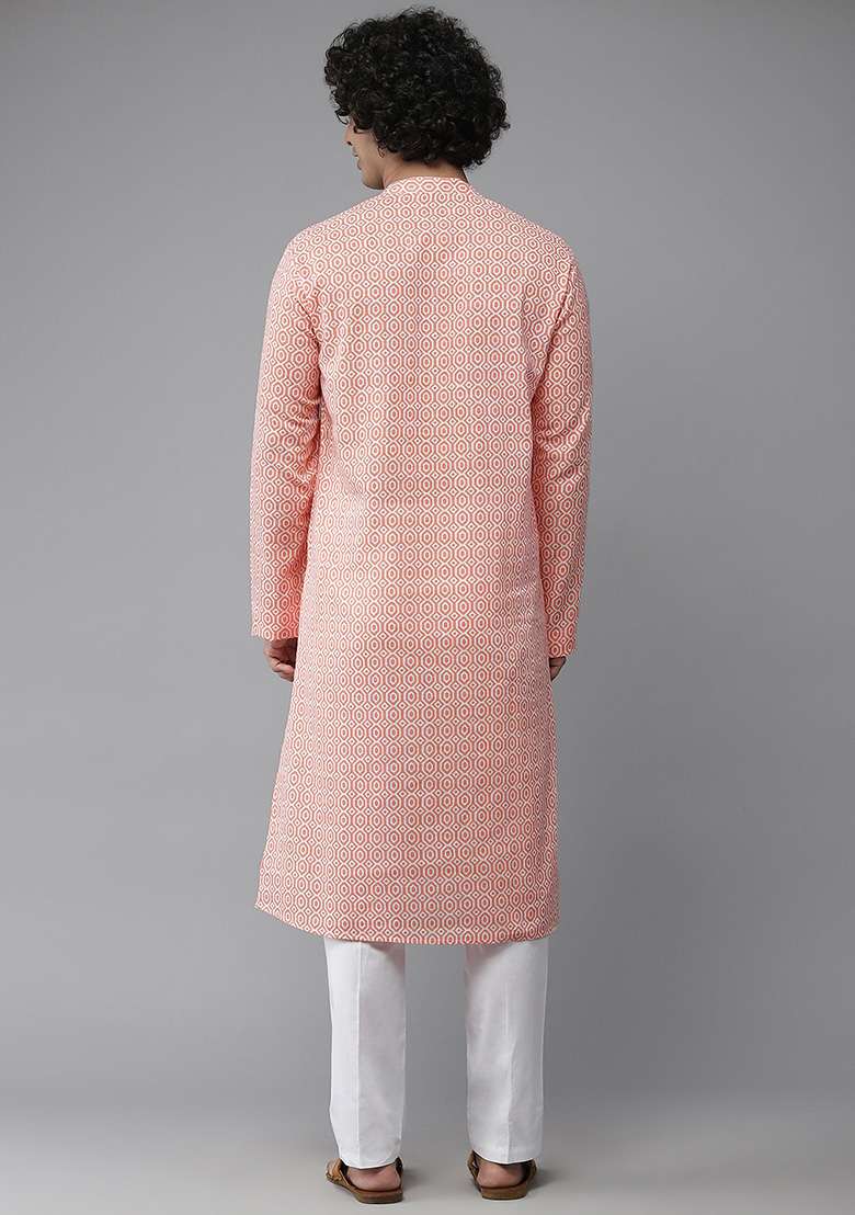 Peach And White Cotton Kurta For Men - Indya