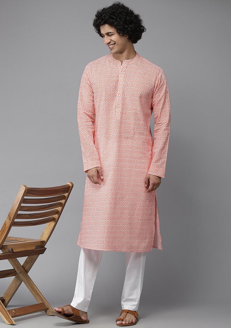 Peach And White Cotton Kurta For Men - Indya