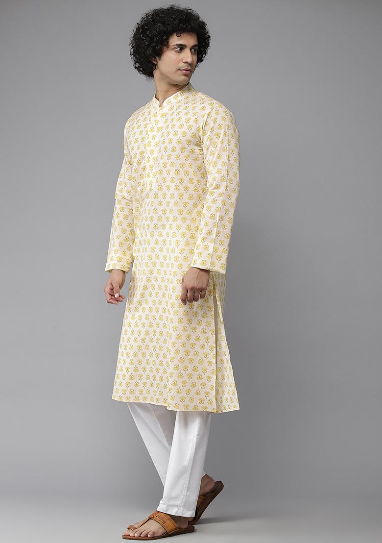 Yellow Printed Kurta For Men