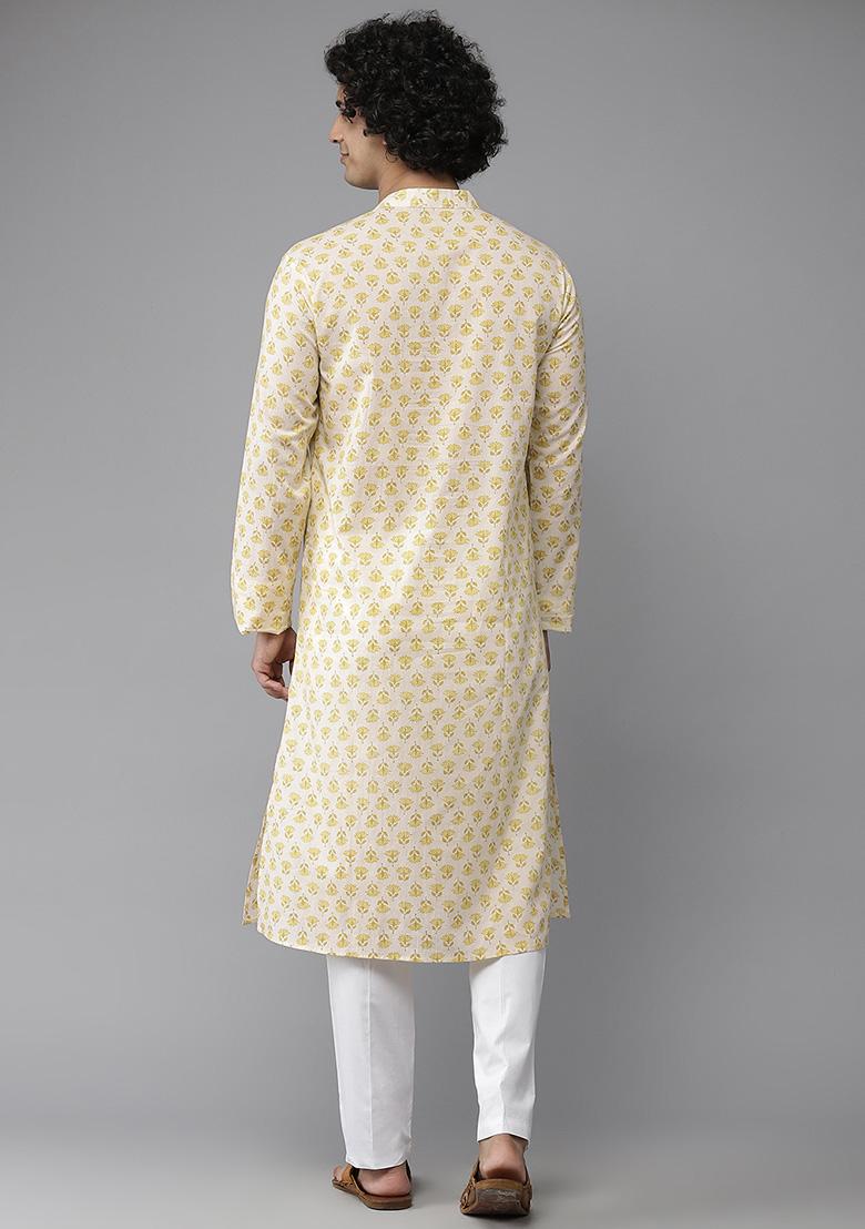 Yellow Printed Kurta For Men