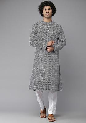 Navy Blue Printed Cotton Straight Kurta For Men