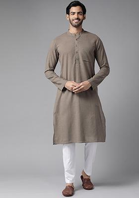 Brown Cotton Slub Kurta For Men