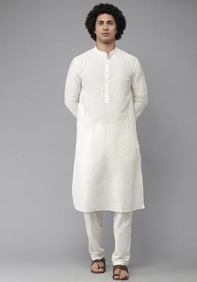White Cotton Straight Kurta For Men
