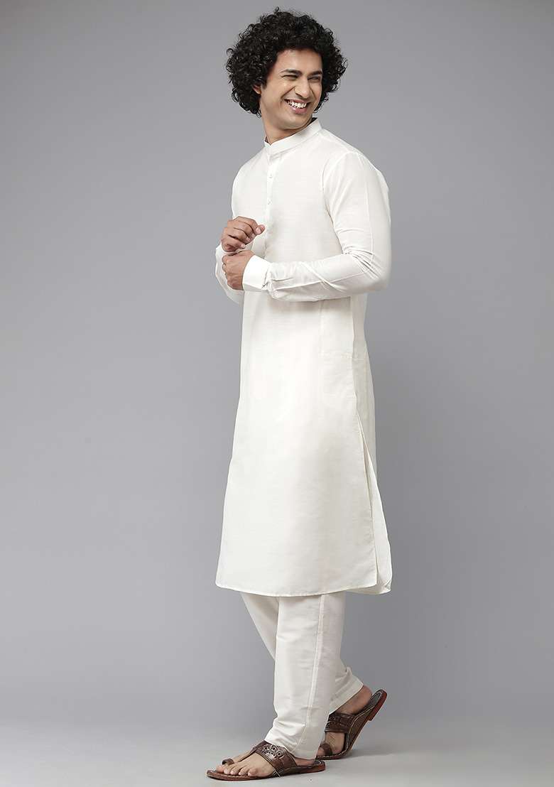 White Cotton Straight Kurta For Men - Indya