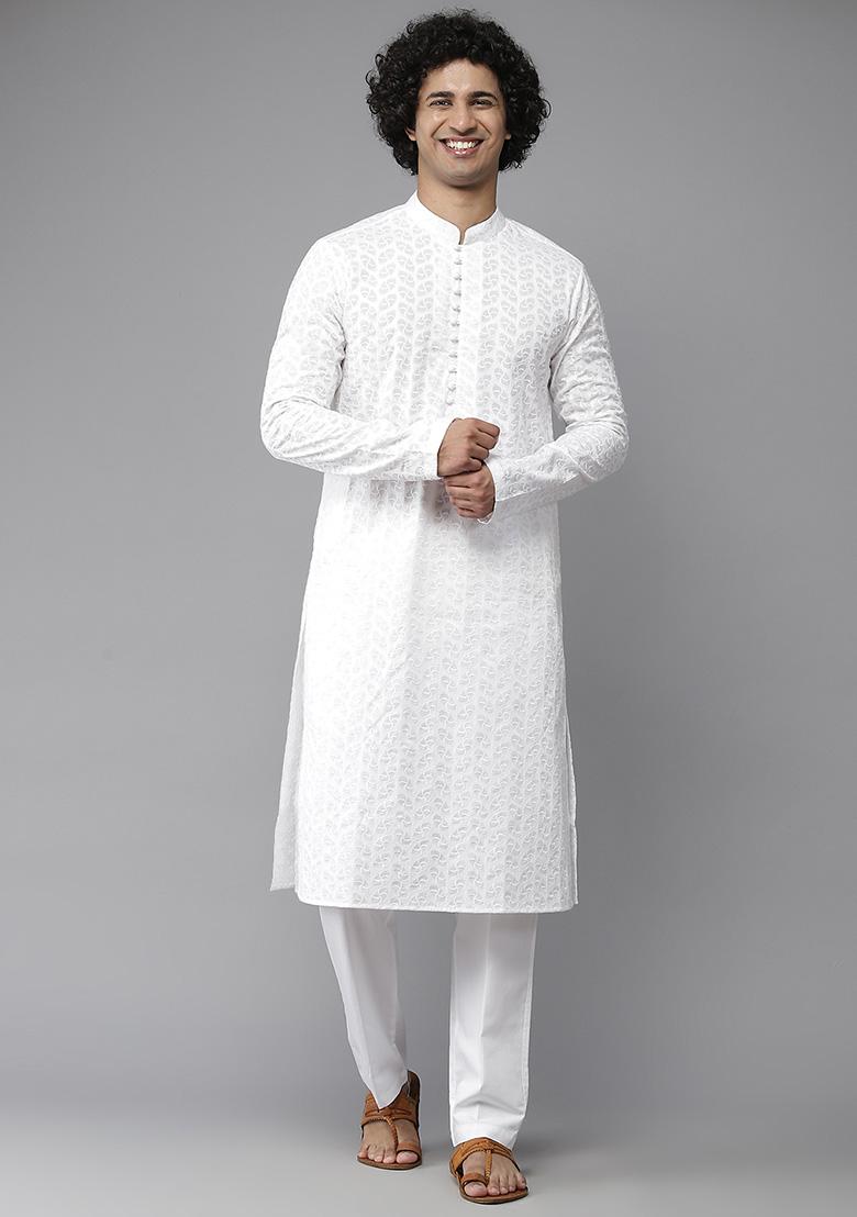 White Embroidered Chikankari Cotton Kurta For Men