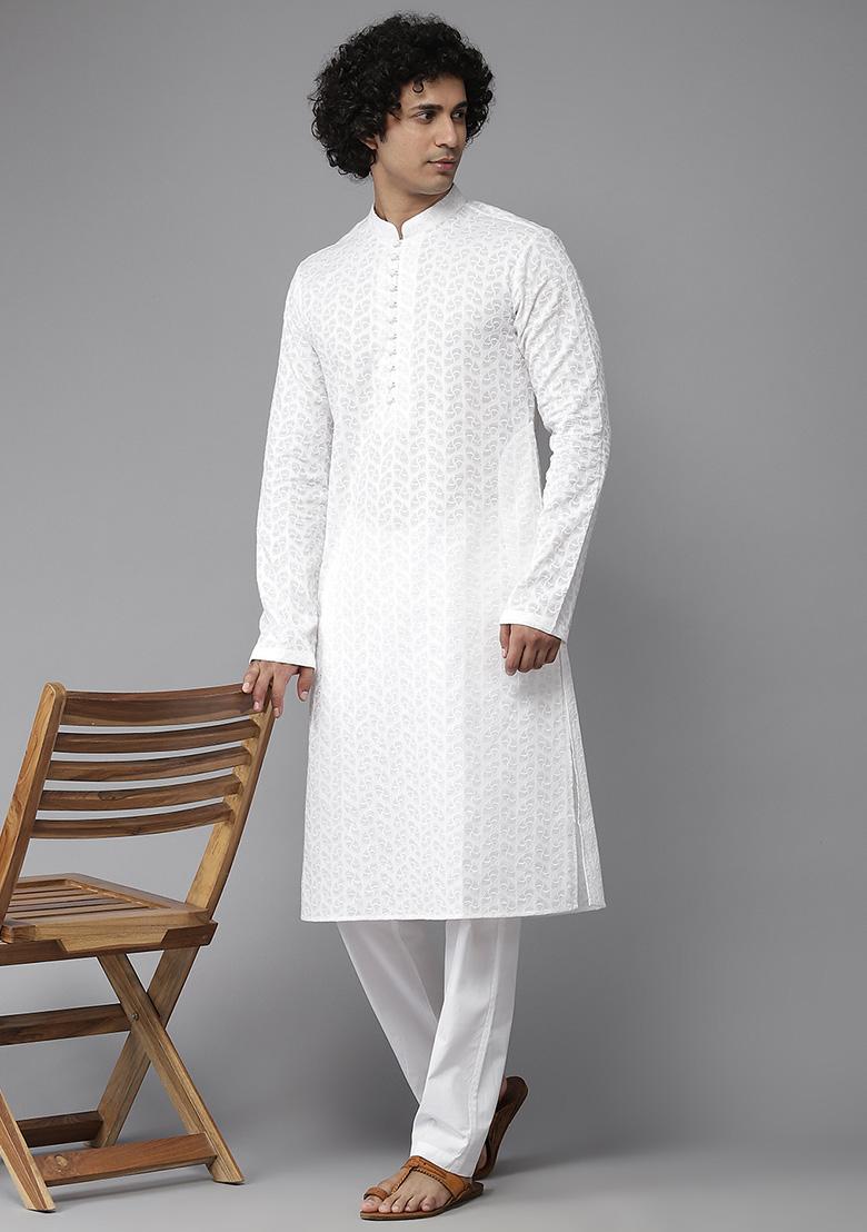 White Embroidered Chikankari Cotton Kurta For Men