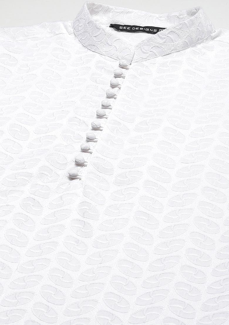 White Embroidered Chikankari Cotton Kurta For Men
