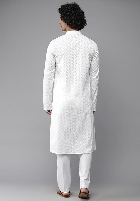 White Embroidered Chikankari Cotton Kurta For Men