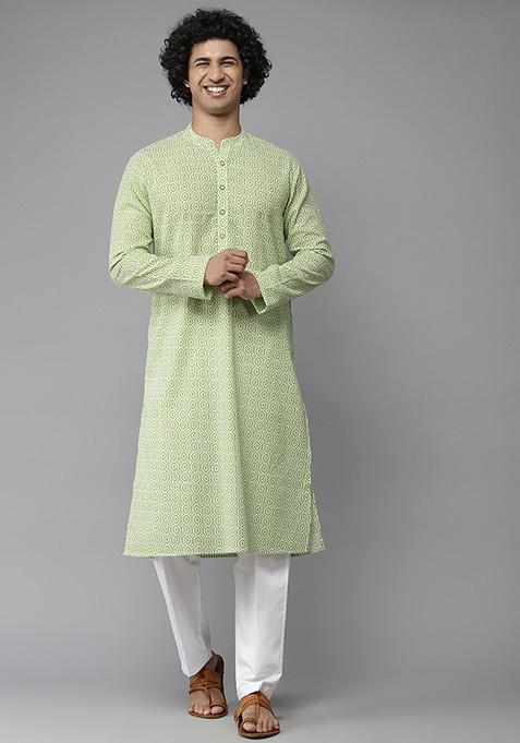 Lime Green And White Printed Pure Cotton Kurta For Men