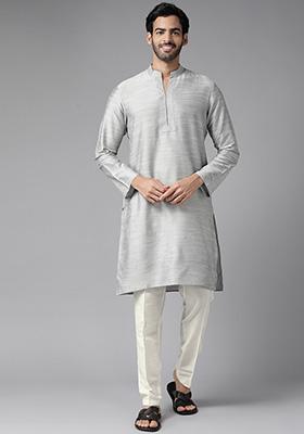 Grey Pure Cotton Kurta For Men