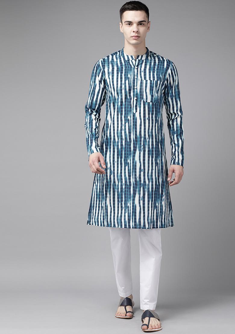 Blue Tie And Dye Print Pure Cotton Kurta Set For Men
