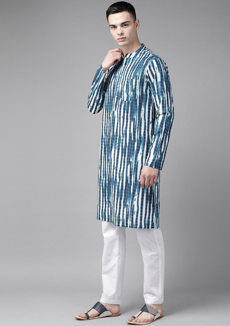 Blue Tie And Dye Print Pure Cotton Kurta Set For Men