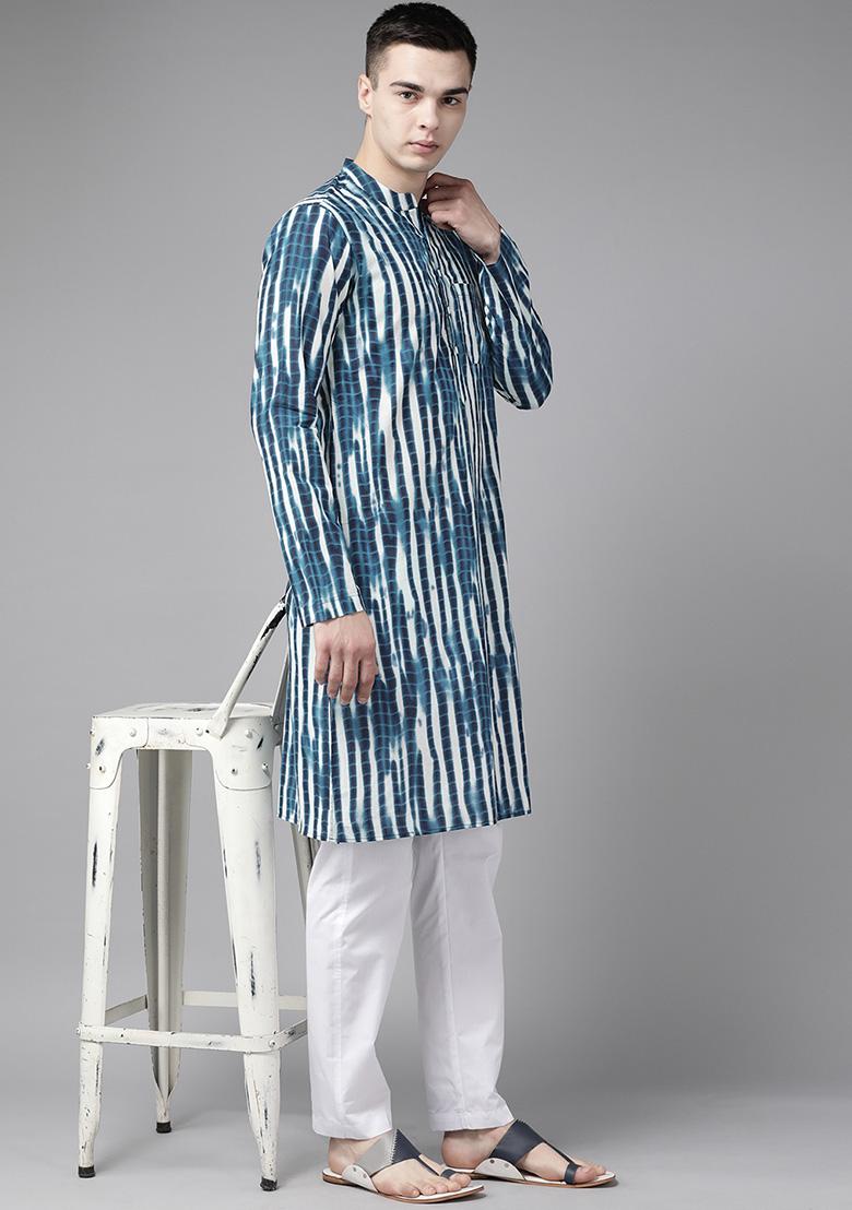 Blue Tie And Dye Print Pure Cotton Kurta Set For Men