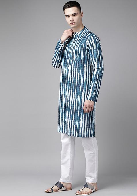 Blue Tie And Dye Print Pure Cotton Kurta Set For Men