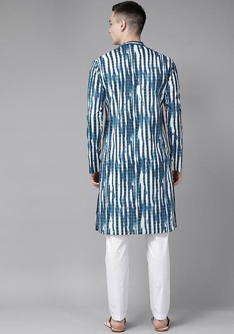 Blue Tie And Dye Print Pure Cotton Kurta Set For Men