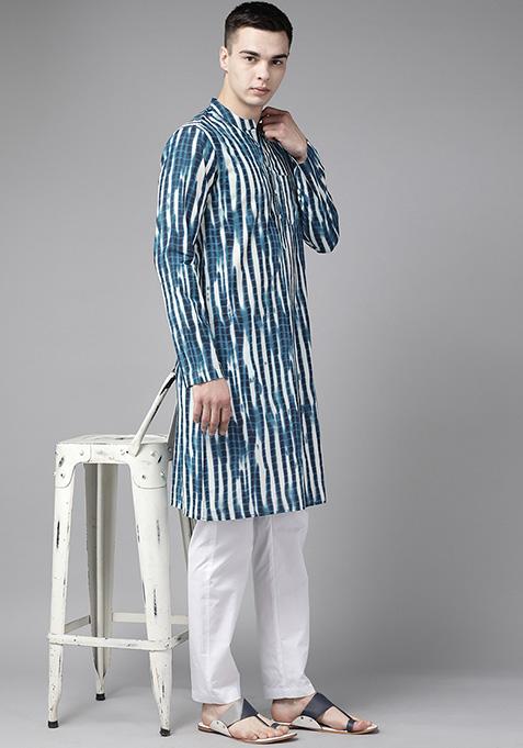 Blue Tie And Dye Print Pure Cotton Kurta Set For Men