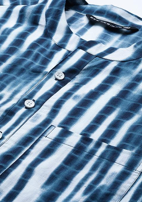 Blue Tie And Dye Print Pure Cotton Kurta Set For Men