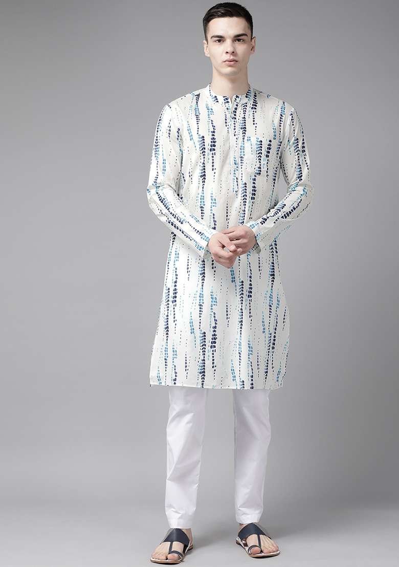 White Tie And Dye Print Pure Cotton Kurta Set For Men - Indya