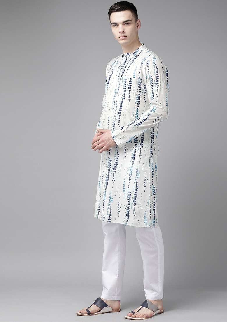 White Tie And Dye Print Pure Cotton Kurta Set For Men - Indya