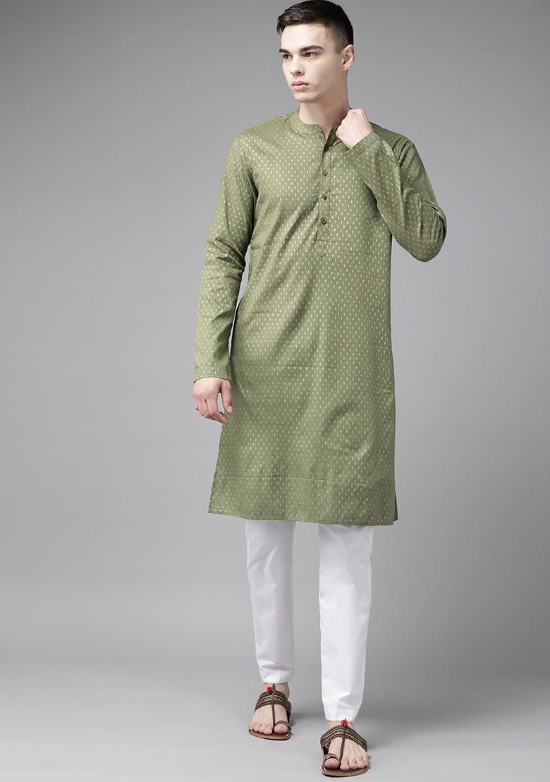 Green Striped Straight Kurta Set For Men