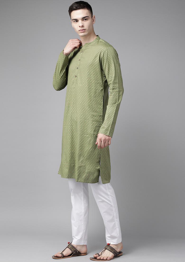 Green Striped Straight Kurta Set For Men