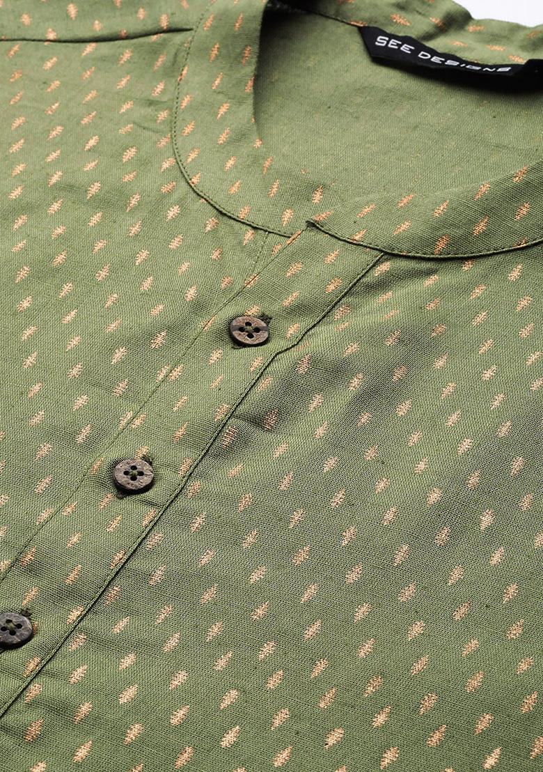 Green Striped Straight Kurta Set For Men