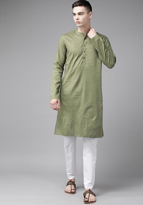 Green Striped Straight Kurta Set For Men