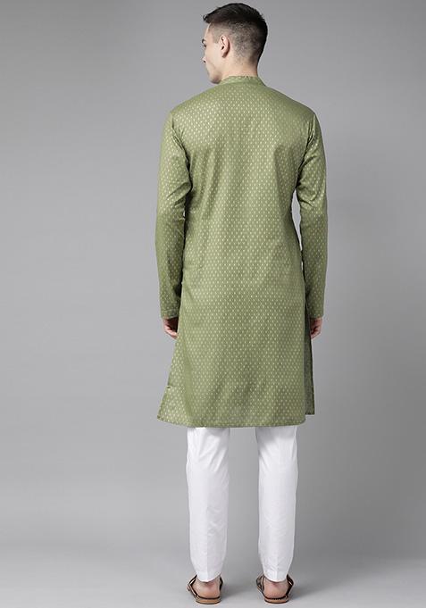 Green Striped Straight Kurta Set For Men