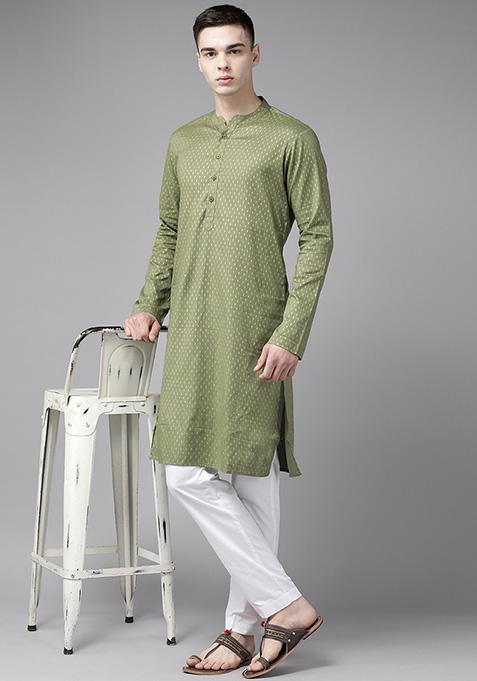 Green Striped Straight Kurta Set For Men