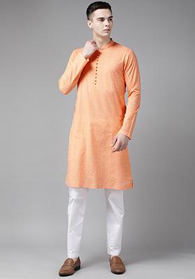 Peach Chikankari Embroidered Pure Cotton Kurta Set For Men