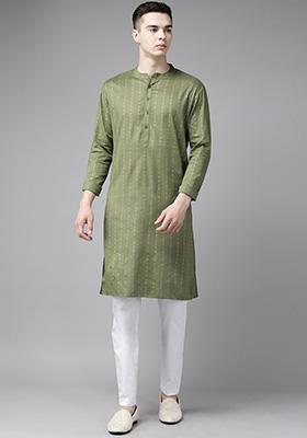 Olive Striped Kurta Set For Men