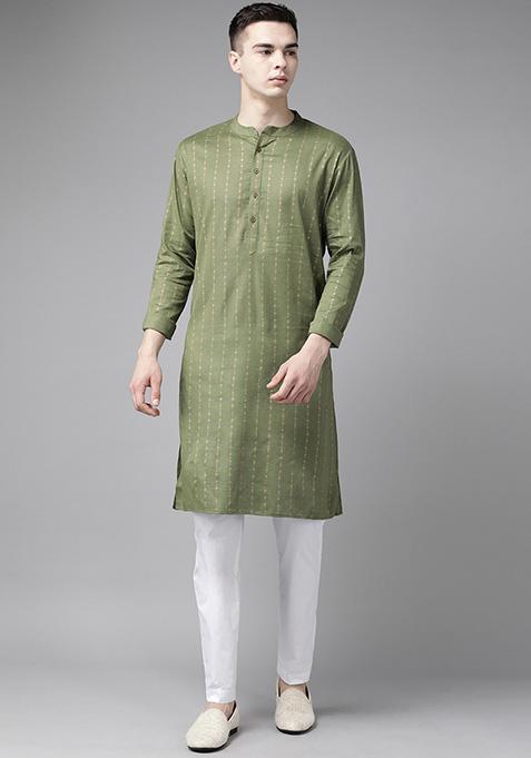 Olive Striped Kurta Set For Men