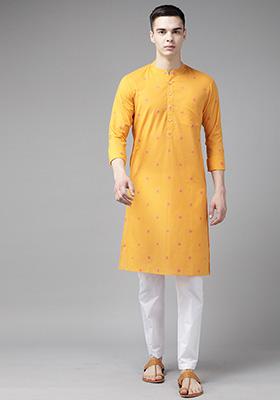 Yellow Woven Design Straight Kurta Set For Men