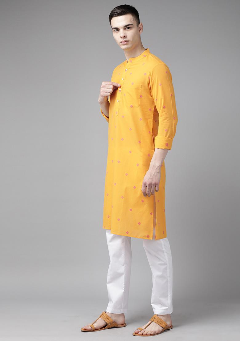 Yellow Woven Design Straight Kurta Set For Men