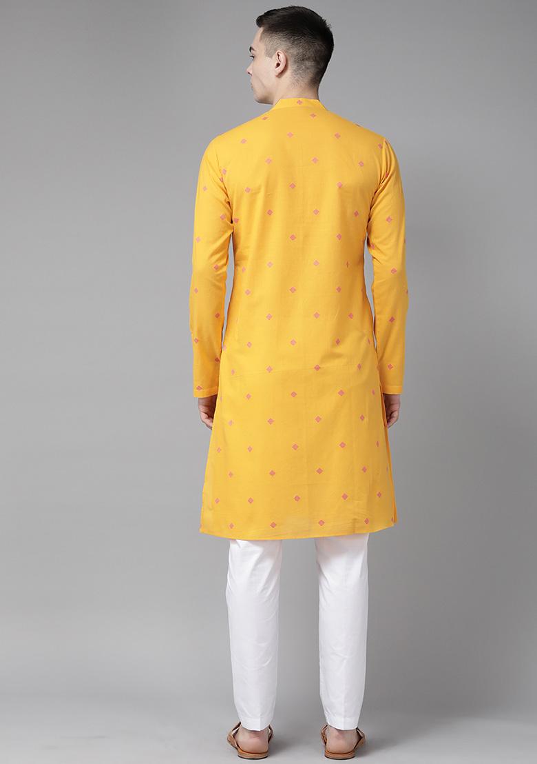 Yellow Woven Design Straight Kurta Set For Men