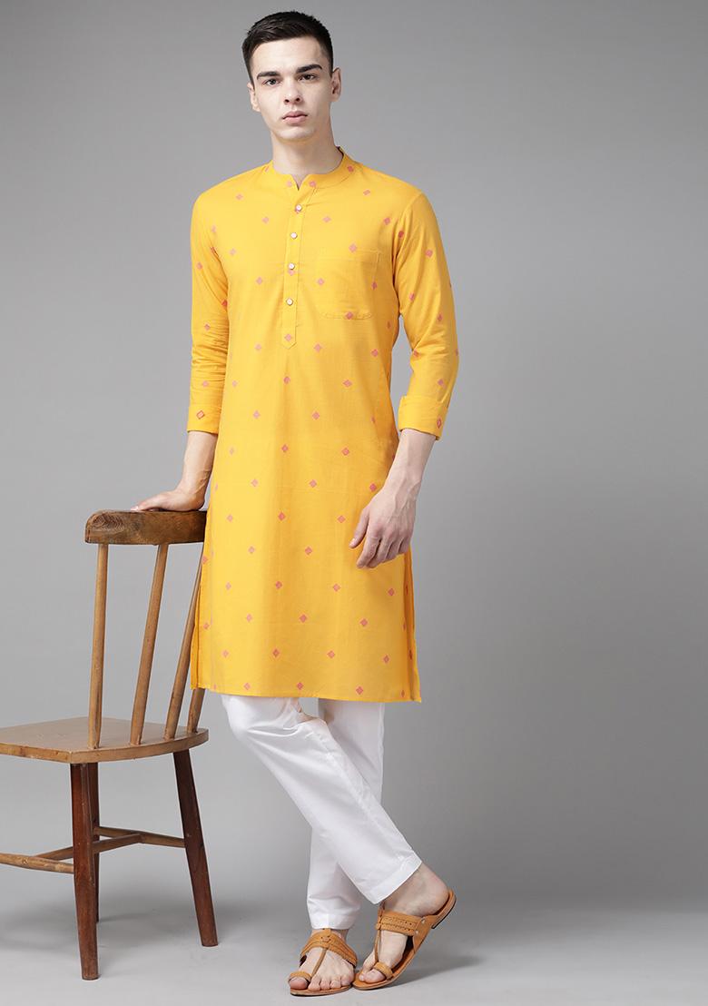 Yellow Woven Design Straight Kurta Set For Men